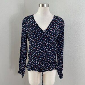 Rails Womens Medium Beaux Mariposa Navy Butterfly Blouse V Neck Long Sleeve Top